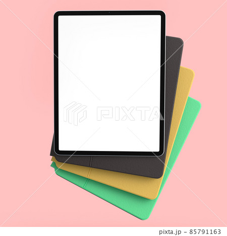 Set of computer tablets with cover case and blank screen isolated on pink. 85791163