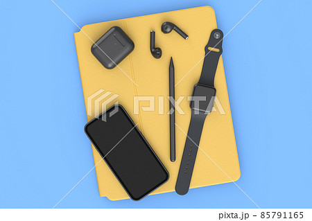 Computer tablet with stylus, smartwatch, phone and headphone on blue background 85791165