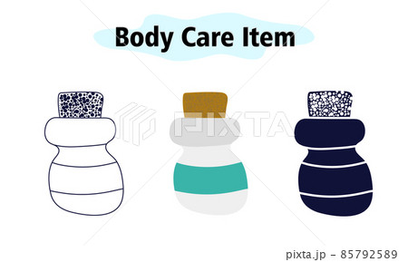 A small glass bottle with a cork made of cork wood. A container for cosmetics. Vector illustration in color, solid and linear design on a white background. A small glass bottle with a cork made of cork wood. A container for cosmetics. Vector illustration in color, solid and linear design on a white background. 85792589
