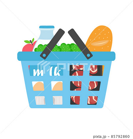cartoon supermarket basket with produce, vector illustration 85792860