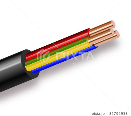 Flexible Three-wire electrical cable isolated on white background. Copper multicore cable in color insulation. Close-up of the cross section. Flexible Three-wire electrical cable isolated on white background. Copper multicore cable in color insulation. Close-up of the cross section. 85792953