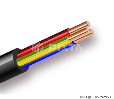 Flexible Three-wire electrical cable isolated on white background. Copper multicore cable in color insulation. Close-up of the cross section. Flexible Three-wire electrical cable isolated on white background. Copper multicore cable in color insulation. Close-up of the cross section. 85792954