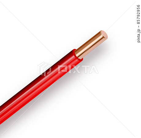 Flexible electrical copper cable isolated on white background. cable with red colored Stranded insulation. Close-up section. Power wire. Vector illustration 85792956