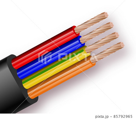Flexible four-wire electrical cable isolated on white background. Copper multicore cable in color insulation. Close-up of the cross section. Flexible four-wire electrical cable isolated on white background. Copper multicore cable in color insulation. Close-up of the cross section. 85792965