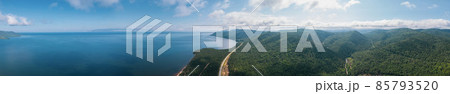Summertime imagery of Lake Baikal in morning is a rift lake located in southern Siberia, Russia. Baikal lake summer landscape view. Drone's Eye View. Panoramic view. 85793520