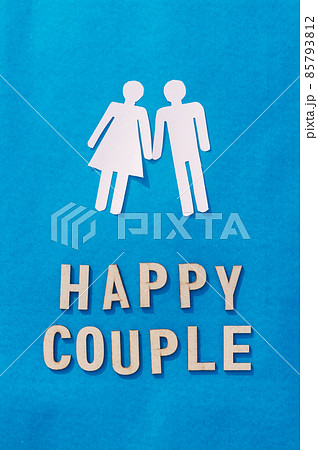 Happy Human Couple Paper Craft Mockup on Blue background. Origami Papercraft decorative shapes and figures. 85793812