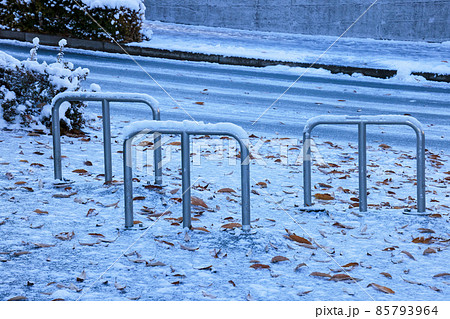 雪が降った朝の公園の入り口 85793964