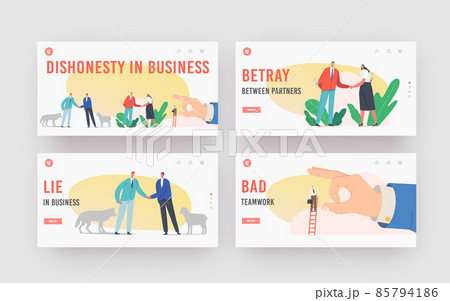 Betrayal, Dishonesty in Business Landing Page Template Set. Characters with Knives Shake Hand, Sheep and Wolf Friendship 85794186