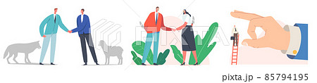 Business Betrayal, Meanness Falsehood People Concept. Characters with Knives Shaking Hands, Sheep and Wolf Friendship 85794195