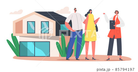 Couple Buying Luxury Suburban Cottage. Realtor Selling House to Clients. Manager Character Make Deal with Owner of House Couple Buying Luxury Suburban Cottage. Realtor Selling House to Clients. Manager Character Make Deal with Owner of House 85794197