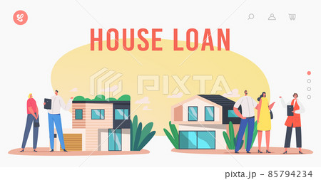House Loan Landing Page Template. People Buying Real Estate, Mortgage or Home Purchase. Agent Show Cottage to Characters 85794234