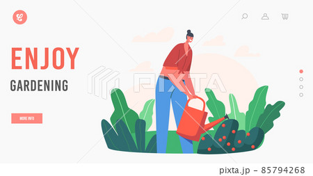 Happy Girl Enjoy Gardening, Landing Page Template. Farmer Woman Watering and Caring of Bush, Horticulture Hobby Happy Girl Enjoy Gardening, Landing Page Template. Farmer Woman Watering and Caring of Bush, Horticulture Hobby 85794268