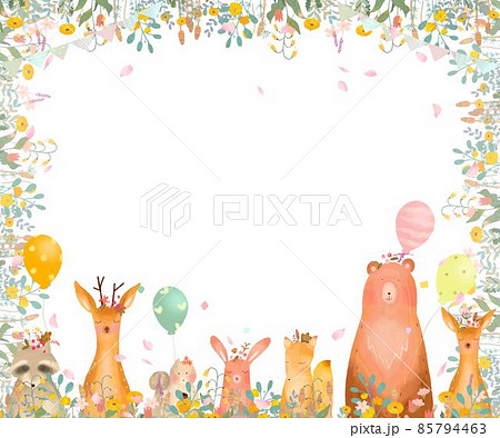 森の動物と風船と植物の北欧風かわいい春の桜の花びら舞い散るフレームイラスト素材 森の動物と風船と植物の北欧風かわいい春の桜の花びら舞い散るフレームイラスト素材 85794463