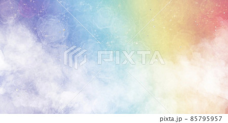 抽象背景横長バナー 虹色の空に白い雲 幻想的 テンプレート グラデーション カラフル ふわふわ 夢のイラスト素材