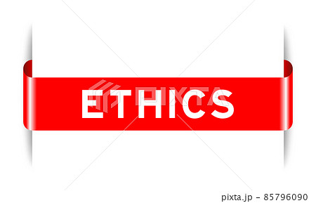 Red color inserted label banner with word ethics on white background 85796090