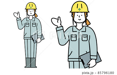 手をかざしている作業服を着た工事現場の女性の全身イラスト素材 のイラスト素材