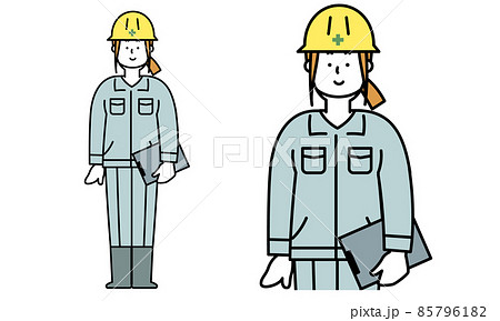 普通に立っている作業服を着た工事現場の女性の全身イラスト素材 のイラスト素材