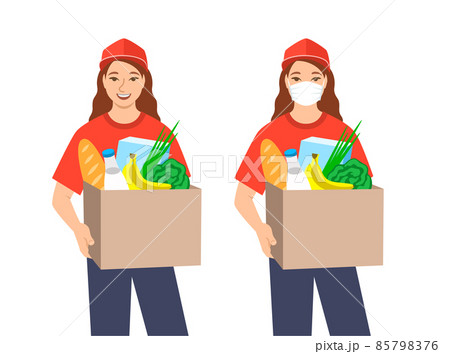Delivery girl holding in hands box with grocery. Ordering products in the store with home delivery service. Flat vector illustration. Friendly cute delivery service employee gives a customer the order 85798376