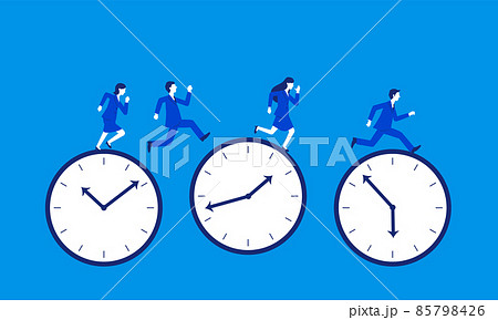 たくさんの時計と走るビジネスチーム、労働のコンセプトイラスト、ベクター たくさんの時計と走るビジネスチーム、労働のコンセプトイラスト、ベクター 85798426