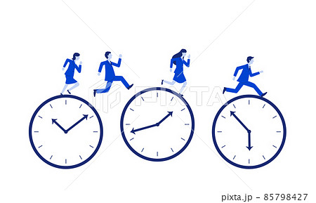 たくさんの時計と走るビジネスチーム、労働のコンセプトイラスト、ベクター 85798427