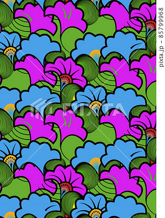 African Wax Print fabric, Ethnic overlap ornament background design, kitenge pattern motifs floral elements. Vector texture, afro colorful textile Ankara fashion style. Pareo wrap dress wedding flower 85799968