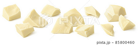 Broken white chocolate pieces isolated on white background. Set for package design. 85800460