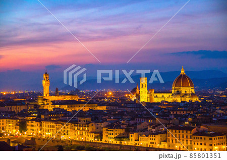 Top aerial panoramic evening view of Florence city 85801351