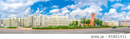 Panorama of Independence Square in Minsk city centre with Government House and Saints Simon and Helena Roman Catholic church 85801431