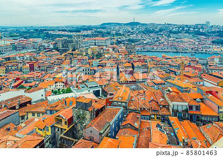 Aerial panoramic view of Porto Oporto city historical centre with red tiled roof typical buildings 85801463