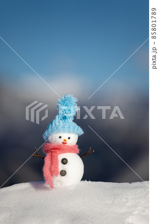 雪山と青空と水色帽子の雪だるま 雪山と青空と水色帽子の雪だるま 85801789