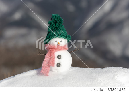 冬山とグリーン帽子の雪だるま 冬山とグリーン帽子の雪だるま 85801825