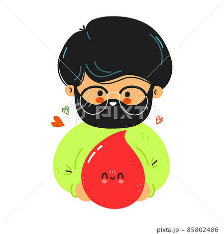 Young cute funny man hold blood drop in hand. Blood donor hugs cute blood drop. Vector hand drawn doodle style cartoon character illustration icon design. Isolated white background 85802486