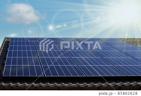 Solar panel on sky sunset background - PHOTOVOLTAIC. 85802628
