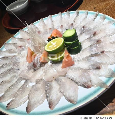お洒落に盛り付けた刺身（薄造り）の盛り付け例 ダツ 85804339