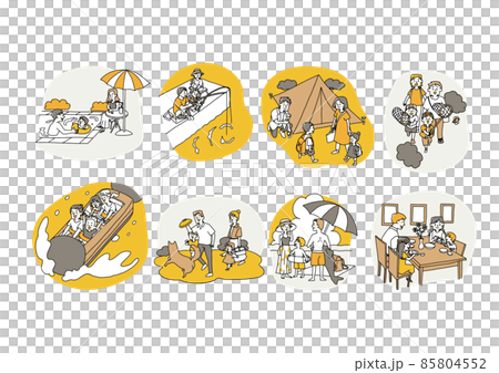 夏休みや長期休暇を楽しむ幸せな家族のセット　温かみのある手描きの人物イラスト　白バックにベクター 85804552