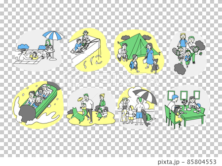 A set of happy families who enjoy summer vacation and long vacations. Warm hand-drawn portrait illustrations vector on a white background. 85804553