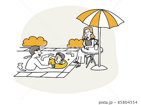 プールで夏の休暇を楽しむ幸せな家族 温かみのある手描きの人物イラスト 白バックにベクターのイラスト素材