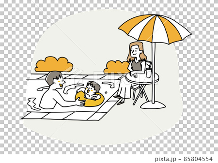 プールで夏の休暇を楽しむ幸せな家族　温かみのある手描きの人物イラスト　白バックにベクター 85804554