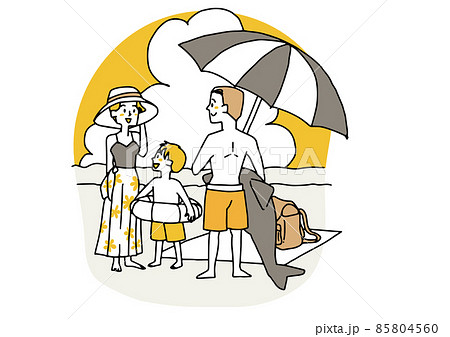 海水浴に来た家族 幸せな夏の休暇 温かみのある人物イラスト 白バックにベクターのイラスト素材