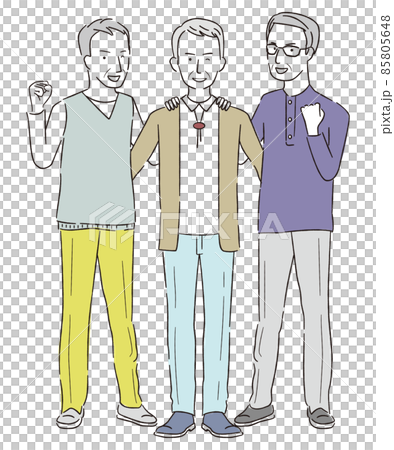 Handwritten line drawing color illustration 3 male senior guts pose 85805648