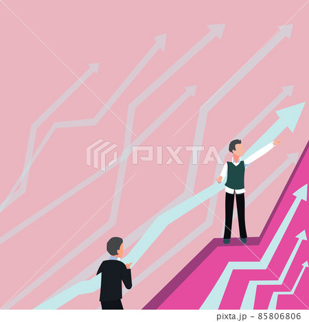 Arrows Guiding Two Collaborating Businessmen Towards Better Financial Plan. Colleagues Working Together Predicting Positive Marketplace Achievement. 85806806