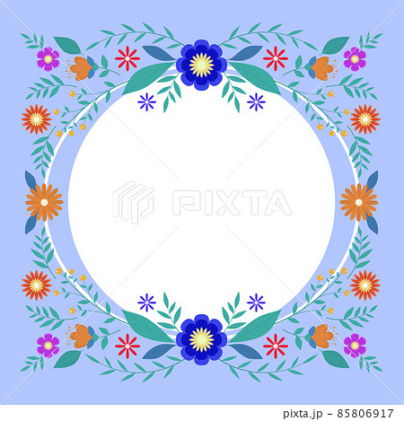 Blank Frame Decorated With Colorful Flowers And Foliage Arranged Harmoniously. Empty Poster Border Surrounded By Multicolored Bouquet Organized Pleasantly. 85806917