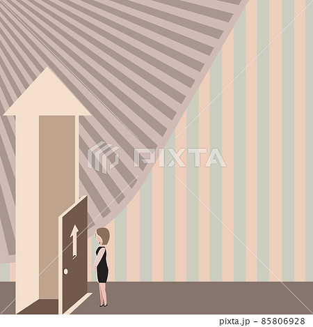 Lady Standing Front Of Door Opening New Opportunities For Success. Business Woman Placing Forward Toward Entrance For Recent Advance In Career. 85806928