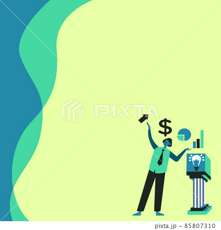 Businessman Standing Alone Presenting Charts And New Financial Ideas With Podium. Employee Using Blazer By Himself Showing Old Amazing Thoughts. 85807310