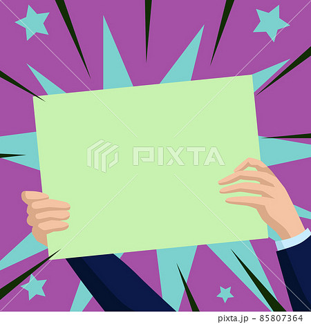 Hands Holding Paper Showing New Ideas Surrounded With Stars. Palms Carrying Note Presenting Latest Plans. Arms Hold Poster Displaying Recent Advertisement. 85807364