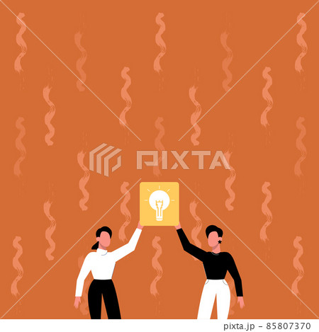 Two Colleagues Holding Lamp Presenting New Achievement Reached. Partners Raising Up Light Bulb Showing New Idea Discovered Sharing Discovery. 85807370
