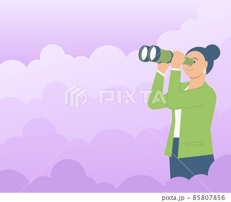 Woman Surrounded With Clouds Looking Through Hand Held Telescope Seeing New Opportunities. Lady Outdoors Using Binoculars Watching Into Aspirations Future Goals. 85807856