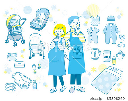 ベビー用品と笑顔の家族のセット素材 85808260