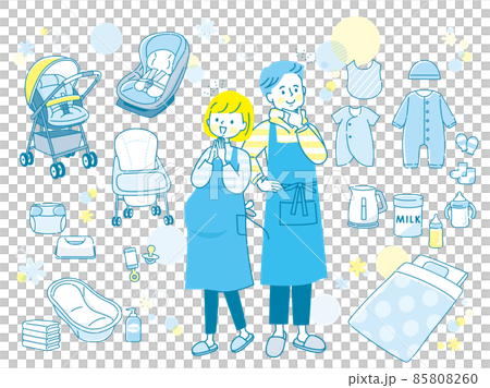 ベビー用品と笑顔の家族のセット素材 85808260