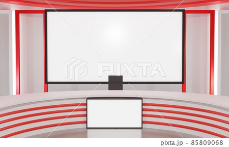 white table and lcd screen background in the news studio room.3d rendering.	 85809068